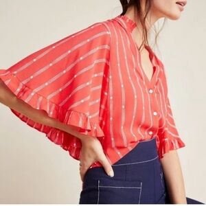 Anthropologie Maeve Aveiro Flutter sleeve Striped red and white  V-Neck Blouse